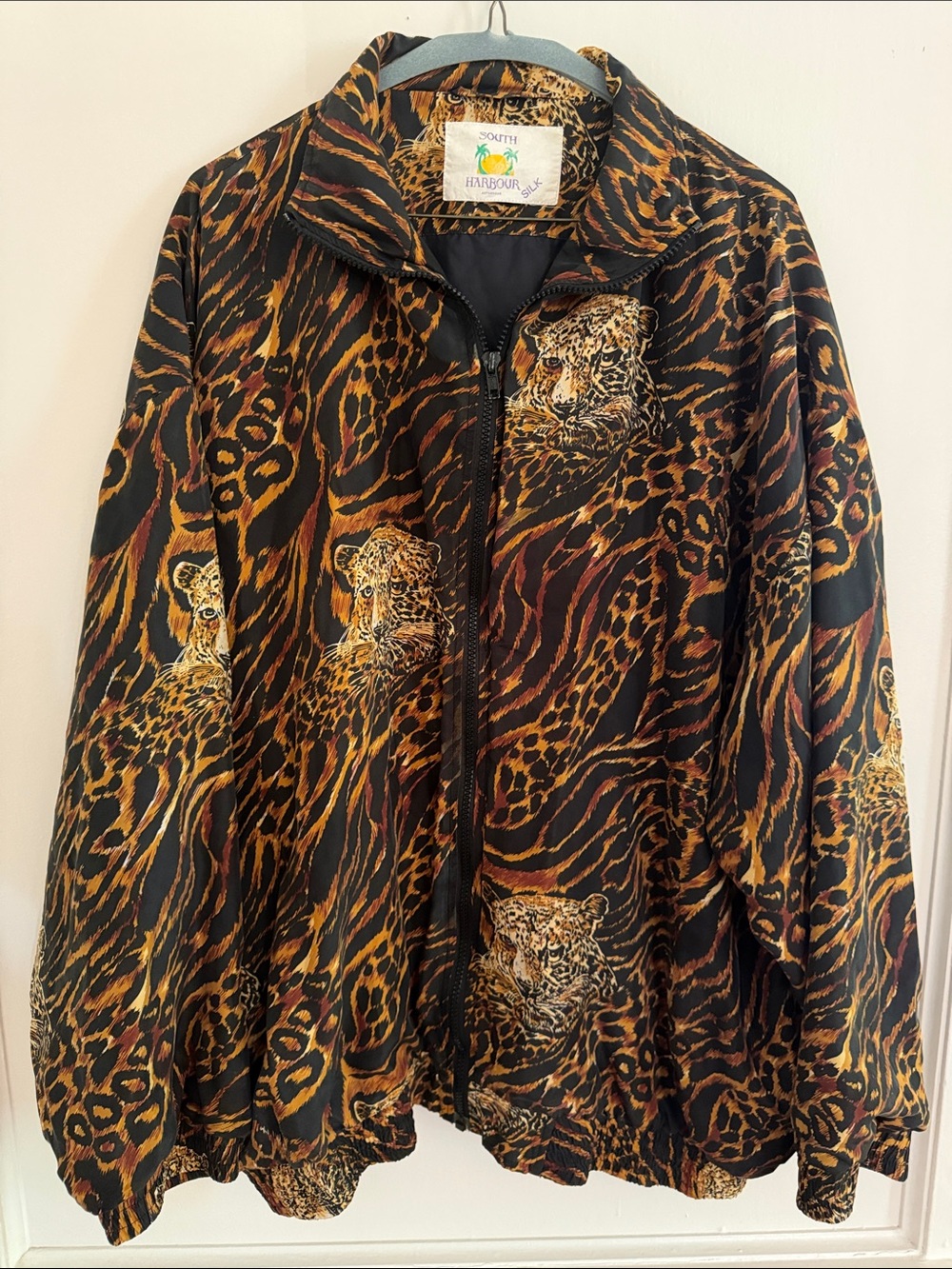 Vintage  South Harbour Silk Black & Brown Leopard Print Zip Jacket retro